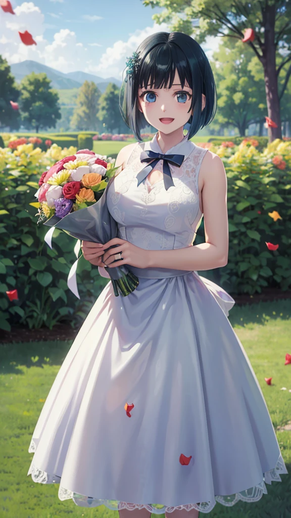 masterpiece, best quality, highres, 1girl, solo, short hair, green hair, bob cut, blue eyes, large breasts, wedding Dress, standing, garden, confetti, holding bouquet, smile, open mouth,