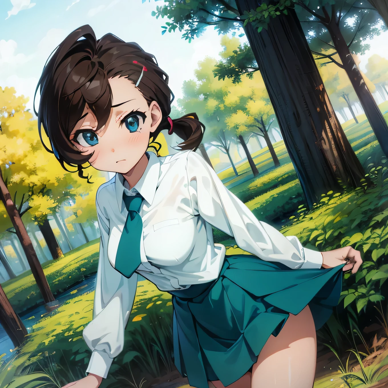 Mana Inuyama, One girl,,black eyes,White shirt, Teal Skirt, Tea tie, Cowboy Shot, ponytail,white lace panties ,outdoor,forest,tree,dark,dark night,,kyoto animation style,lift skirt,
break masterpiece ,8k unity wallpaper,anime key visual  (shape:0.8),anime coloring,highly detailed face, detailed eyes,growing eyes,shiny skin,fine skin,white skin,dense skin,detailed hair,highly detailed legs, Detailed CG, (perfect hands, perfect anatomy),High resolution,(Detailed wear ),slender limbs, delicate curves, dainty hands,