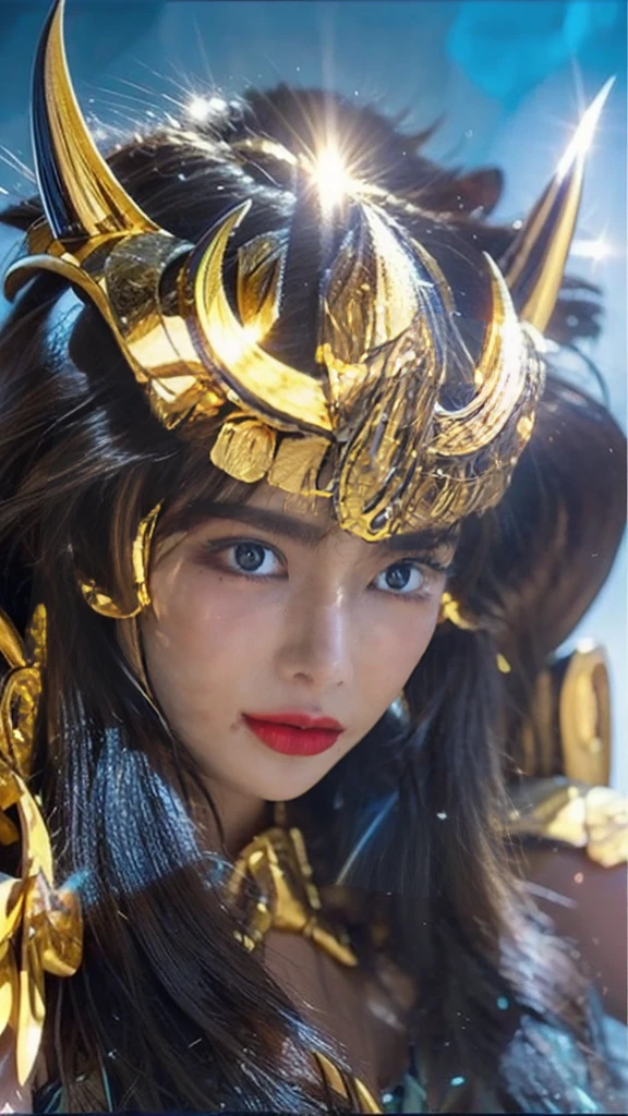 masterpiece,  for light, thin hair color, 超 high definition , Realistic skin texture,  Armature , (Realistic:1.4),  high definition ,  RAW photo,  1 girl, shiny skin, ( Detail Skin :1.2), Realistic skin texture, Best writing, Shine, Gold Armor,(blue long disheveled hair ),  wearing a gold helmet,  Dramatic Lighting ,Cool pose, ( Greek temple background :1.3), Night Sky, universe, milky way,( pointed shoulder armor ), blue eyes, long, beautiful eyes, beautiful face, blue hair 