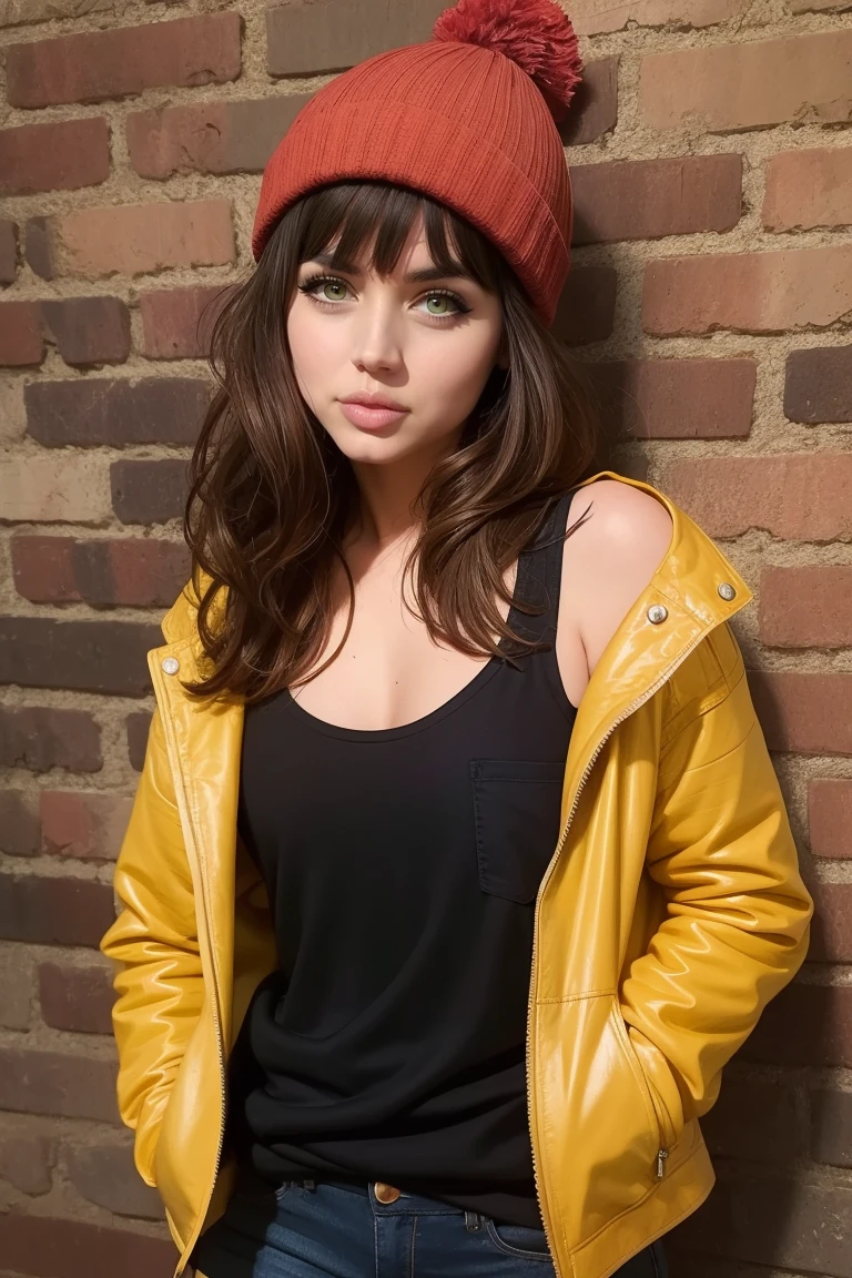 Alluring girl, black hair, blunt bangs, hime cut, (small chest), beanie, tank top, punk, hands in jacket pocket, graffiti on wall, night, brick wall background, digital painting, illustration, (comic style:1.2), high details, contrasting lighting, (masterpiece, best quality:1.2), high details, UHD