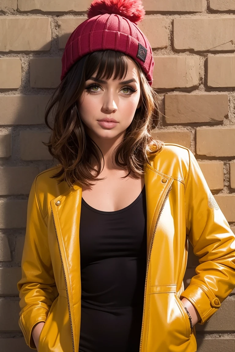 Alluring girl, black hair, blunt bangs, hime cut, (small chest), beanie, tank top, punk, hands in jacket pocket, graffiti on wall, night, brick wall background, digital painting, illustration, (comic style:1.2), high details, contrasting lighting, (masterpiece, best quality:1.2), high details, UHD