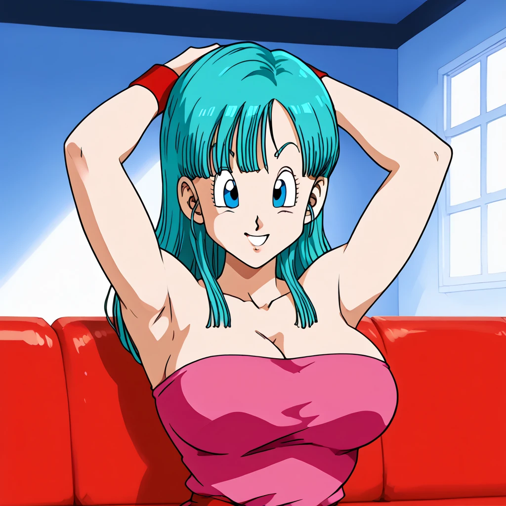 source_  animated,   score_9,   score_8_above,   score_7_above,   animated screencap, Bulma \( dragon ball\), long hair, one side above, periphery_Cut, aqua hair, blue eyes wristwatch, Pink tube top, neckline,   bare shoulders  , strapless,   hair ties  , wristband, pantalones cortos marrones, clavicle,   inner room  , window, pink sofa, smile,   looking at spectators  , posing,   Arms raised  , showing her armpits, curvy body,  big breasts 