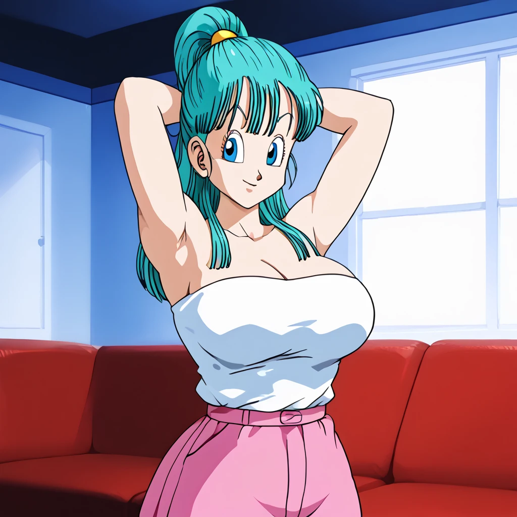 source_  animated,   score_9,   score_8_above,   score_7_above,   animated screencap, Bulma \( dragon ball\), long hair, one side above, periphery_Cut, aqua hair, blue eyes wristwatch, Pink tube top, neckline,   bare shoulders  , strapless,   hair ties  , wristband, pantalones cortos marrones, clavicle,   inner room  , window, pink sofa, smile,   looking at spectators  , posing,   Arms raised  , showing her armpits, curvy body,  big breasts 