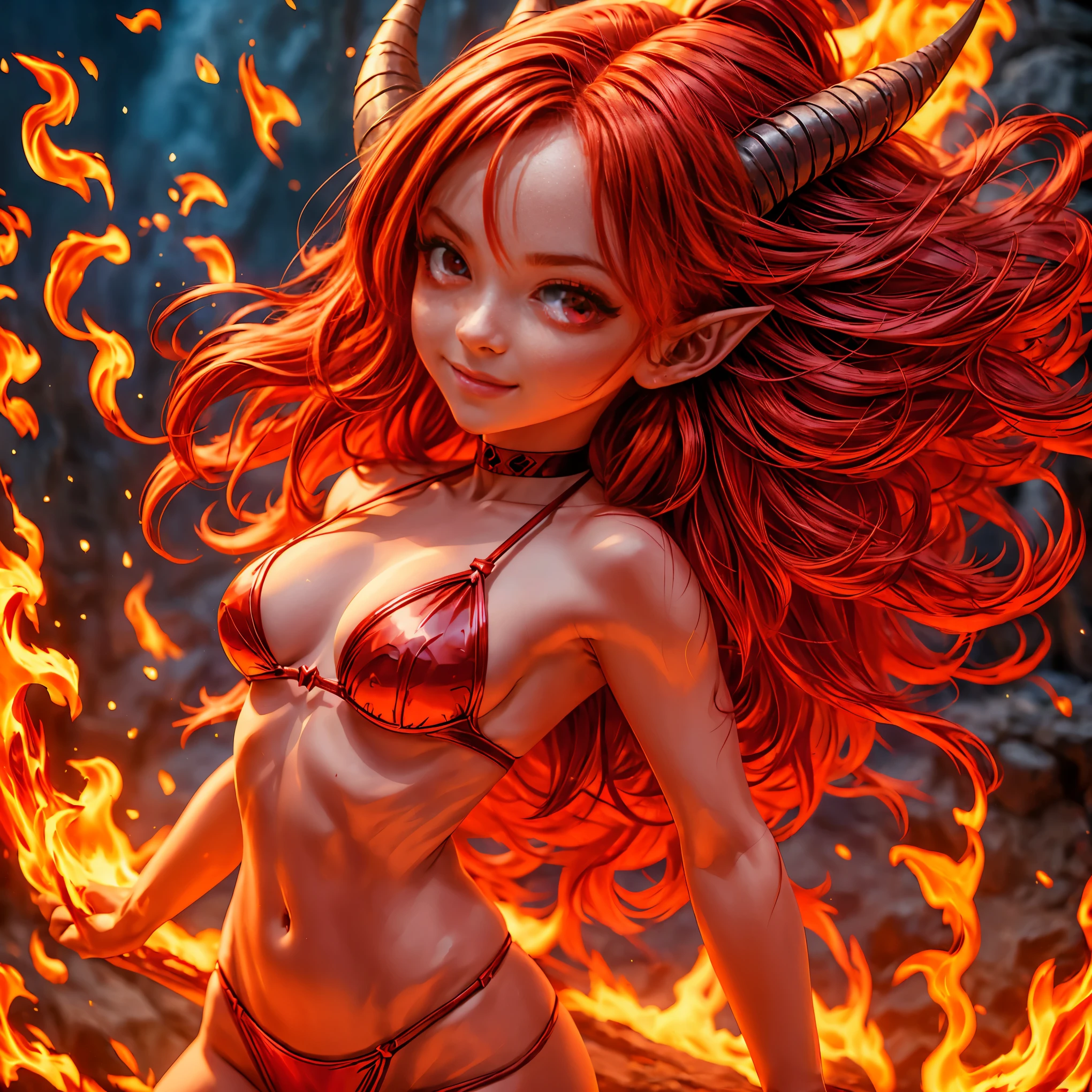 solo, 1girl, ((best quality)), ((masterpiece)), (detailed), 4k, very small red goblin girl, red skin, pointy ears, long straight red hair on fire, pleased expression, bright red eyes, wearing red and black bikini, small horns on head, sexy, cute, extreme closeup on face, focus on eyes, professional headshot, portrait, beautiful 