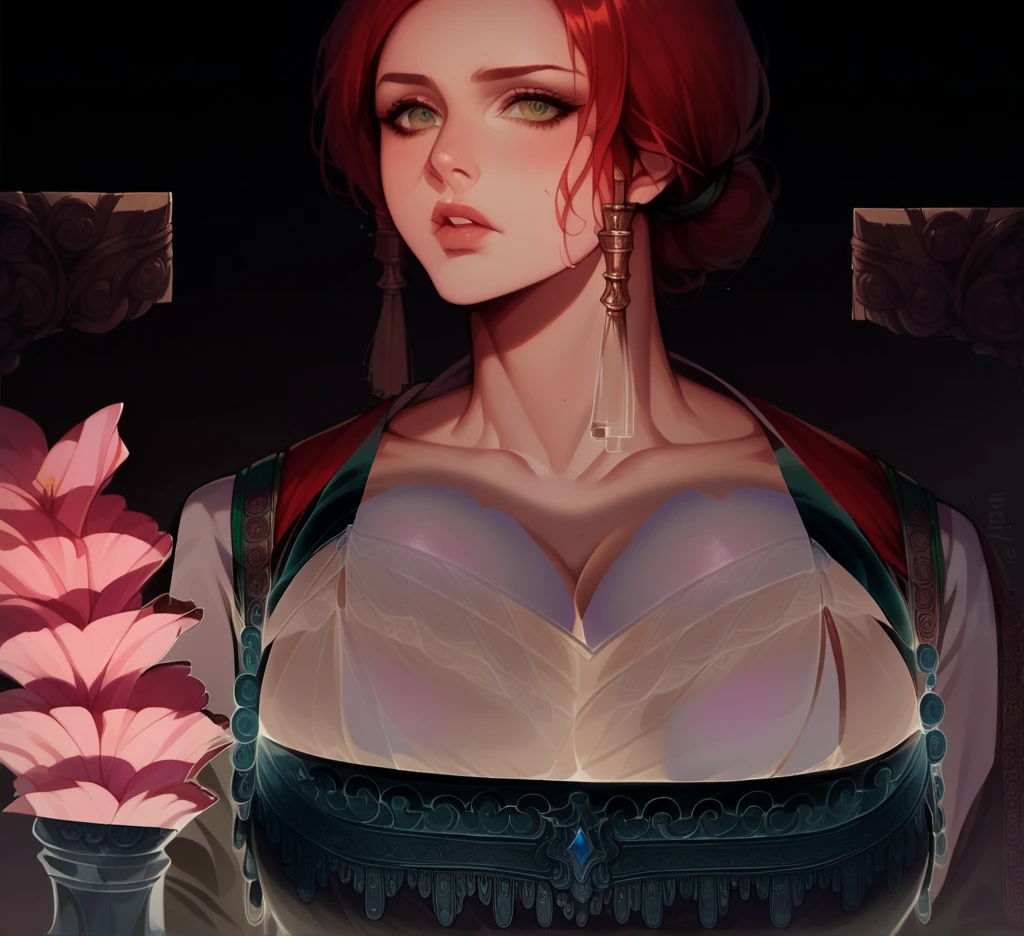 a beautiful and voluptuous woman with exceptionally large, fluffy breasts, triss merigold, fantasy character, highly detailed portrait, photorealistic, intricate details, porcelain skin, flowing red hair, emerald green eyes, lush lips, alluring expression, ornate jewelry, elegant medieval dress, dramatic lighting, atmospheric background, cinematic composition, masterpiece, best quality, 8k, photorealistic, hyper detailed,breast implants,x-ray.