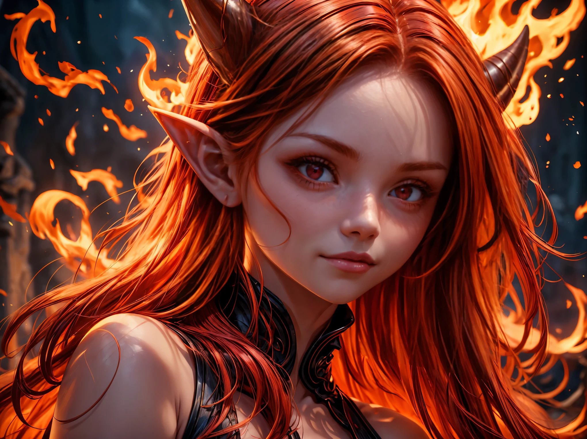 solo, 1girl, ((best quality)), ((masterpiece)), (detailed), 4k, very small red goblin girl, red skin, pointy ears, long straight red hair on fire, red eyes, small horns on head, cute, extreme closeup on face, focus on eyes, professional headshot, portrait, beautiful, looking at viewer