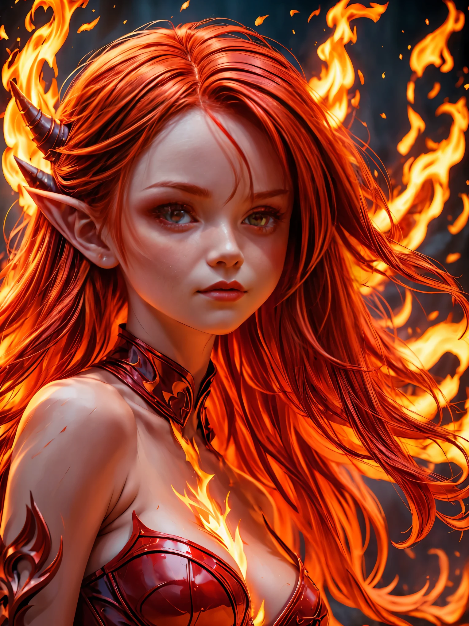 solo, 1girl, ((best quality)), ((masterpiece)), (detailed), 4k, very small red goblin girl, red skin, pointy ears, long straight red hair on fire, red eyes, small horns on head, cute, extreme closeup on face, focus on eyes, professional headshot, portrait, beautiful, looking at viewer