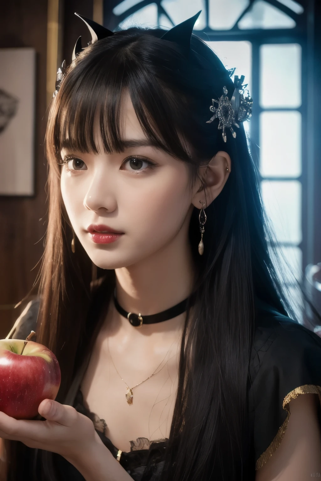((RAW photos),absurdes,(absurdes分辨率)),Masterpiece ,Best quality,( extremely detailed 8k unity CG wallpaper),(Most Best Illustration),(best shadow),Realistic lighting,Beautiful and detailed brilliance ,((21yo)),girl,longblackhair,Black Queen,Accessories,Hold an apple,Poison apples,Witch Queen,red lipsticks,(((Her photography perspective)))