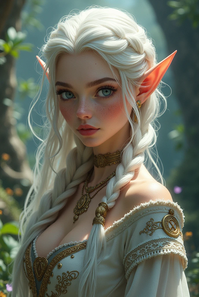 In realistic photo of high quality and detail, Frieren (Sousou no Frieren), dark fantasy, retro movie style, european, A petite elf girl with green eyes, thick eyebrows and long white hair parted in the middle and braided into two high pigtails. She has large pointed elf ears, 1girl, Depth & Perspective, she's wearing a white lingerie, dramatic look, fine face, indoors, she's stands in the ruins, ancient ruins on the background, daylight, looking at viewer, (very detailed face:1.4), (capricious, private study:1.3), (Ultra-high detail:1.2), Motion photography, high details, detailed and intricate, intricate details, high intricate details, Absurd amount of detail, absurdity, high resolution, (high quality:1.2, masterpiece:1.2, :1.21), Masterpiece, Best Quality, Ultra-detailed, Cinematic lighting, 8K, delicate features, cinematic, 35 mm lens, f/1.9, highlight lighting, global lighting –uplight –v 4, cinematic, (Solo Focus), (extremly intricate:1.3), (Realistic)