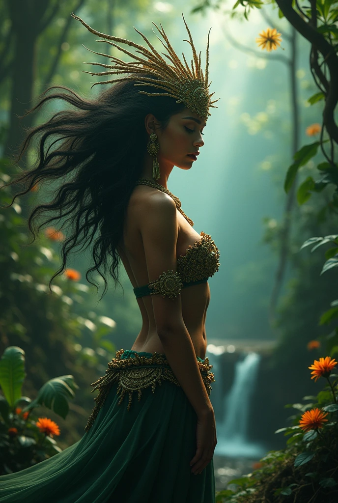 Goddess Coatlicue (Aztec goddess of fertility), with her exuberant body, dressed in her gala outfit that reveals her large breasts and curvy hips; she standing in the forest invoking her powers for the fertilization and production of the land; she has long straight black hair; tanned brown skin; masterpiece; intrinsic details throughout the image; 8k; UHD; rear side view; high definition, film production; fine details on her face; fine details in the hands; fine details on the breasts and hips;
