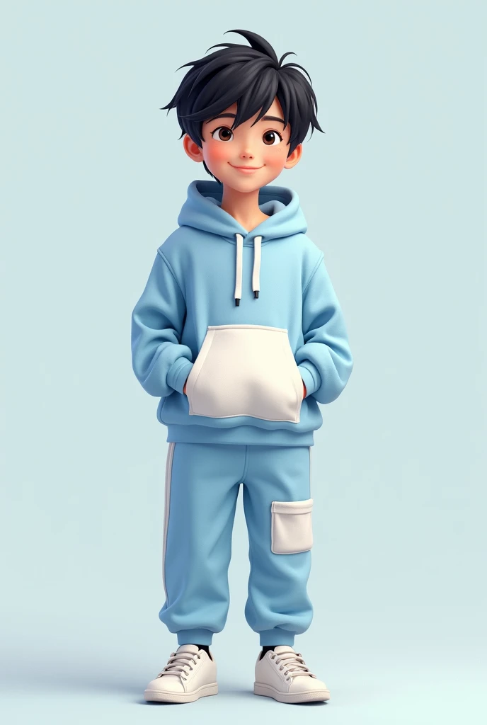 Create an image of a boy wearing a school sportswear with blue sleeves and blue sweatshirt with veish