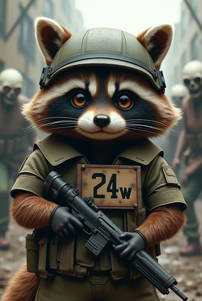 Süssel Three-looking raccoon in war gear with helmet, sweet look, in the background Zombies and Apocalypse, On the vest a sign 24w, He has a small machine gun in front of his chest
