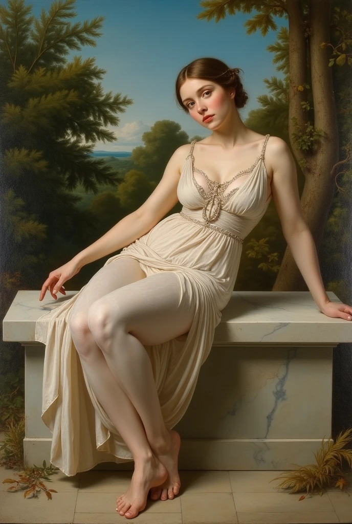 This is a photograph of a painting titled "Nude Woman Standing" by the artist Jean Auguste Dominique Ingres, created in 1806. The painting depicts a nude woman standing in a natural pose with her arms raised, her hands intertwining her long, dark brown hair. Her body is slender with a delicate frame, and her skin is depicted in a soft, smooth texture. She has small, perky breasts and a subtle, naturalistic depiction of pubic hair. The background is a dark, earthy brown, blending into a lighter, greenish hue, suggesting a forest or natural setting. The woman stands on a patch of earth, with a white cloth draped over a rock to her right. The lighting is soft and diffused, casting gentle shadows that emphasize the contours of her body. The overall mood of the painting is serene and contemplative, with the woman's expression appearing introspective and calm. The style of the painting is classical realism, characterized by detailed and lifelike representation. The use of soft, natural colors and a focus on the human form contribute to the painting's timeless and elegant beauty., <lora:Bouguereau_style:1>