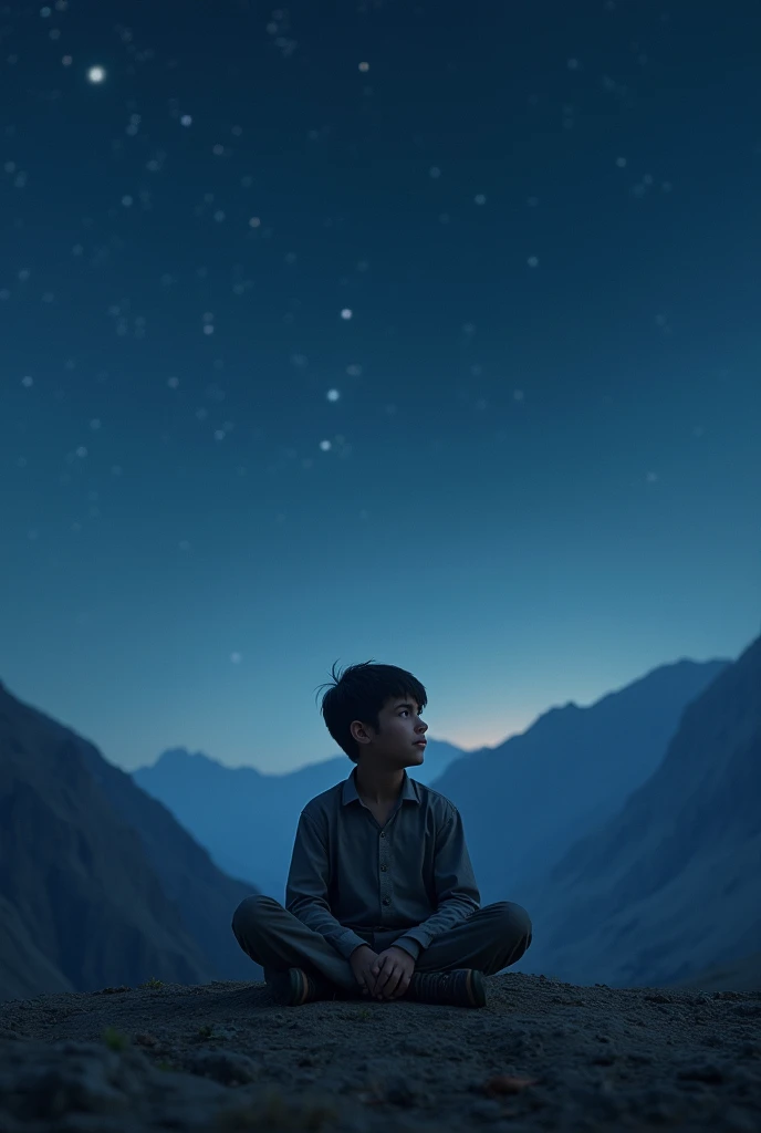 Oriental seven-year-old boy，Sit high，Eyes looking into the distance，In the mountains at night