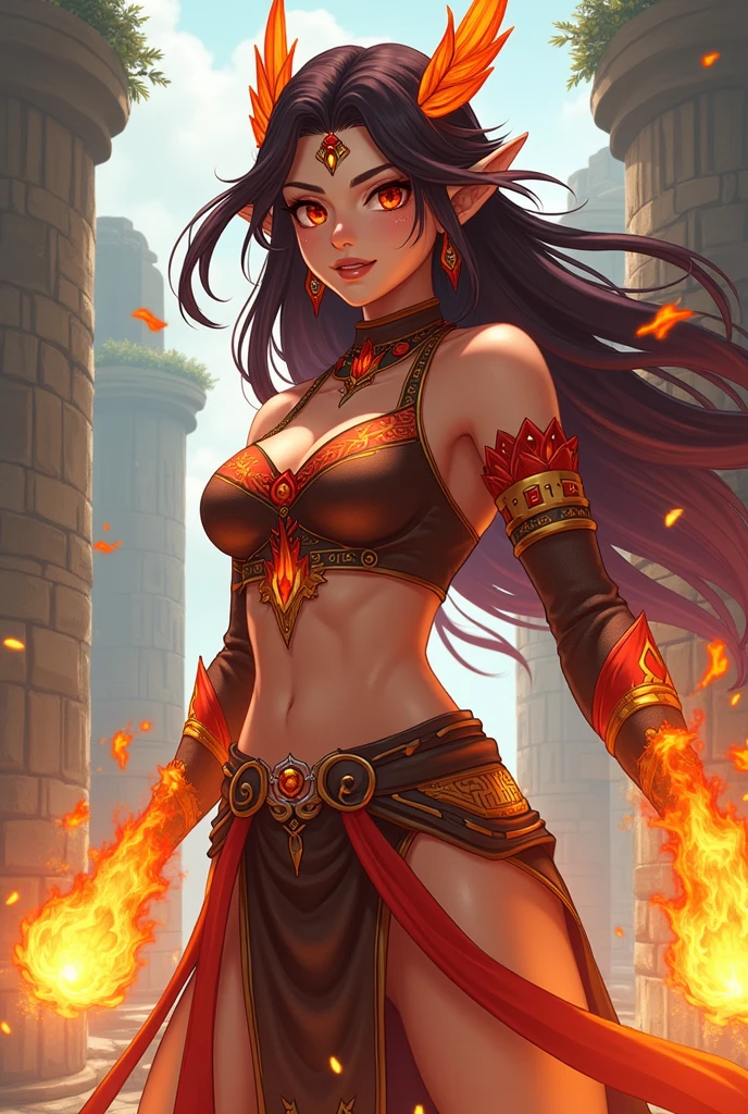 (1FemaleOrc with Italian traits), (green skin),18-years-old, black hair, long hair, pointy ears, smile of happiness, (Wearing a black and red dancer outfit), dancing with flames in her hands, Background: stage during a Fantasy festival, cowboy shot, Conceptual art,.UHD, masterpiece, anatomically correct, high details, super detail, high quality, highres, 4K, 8k