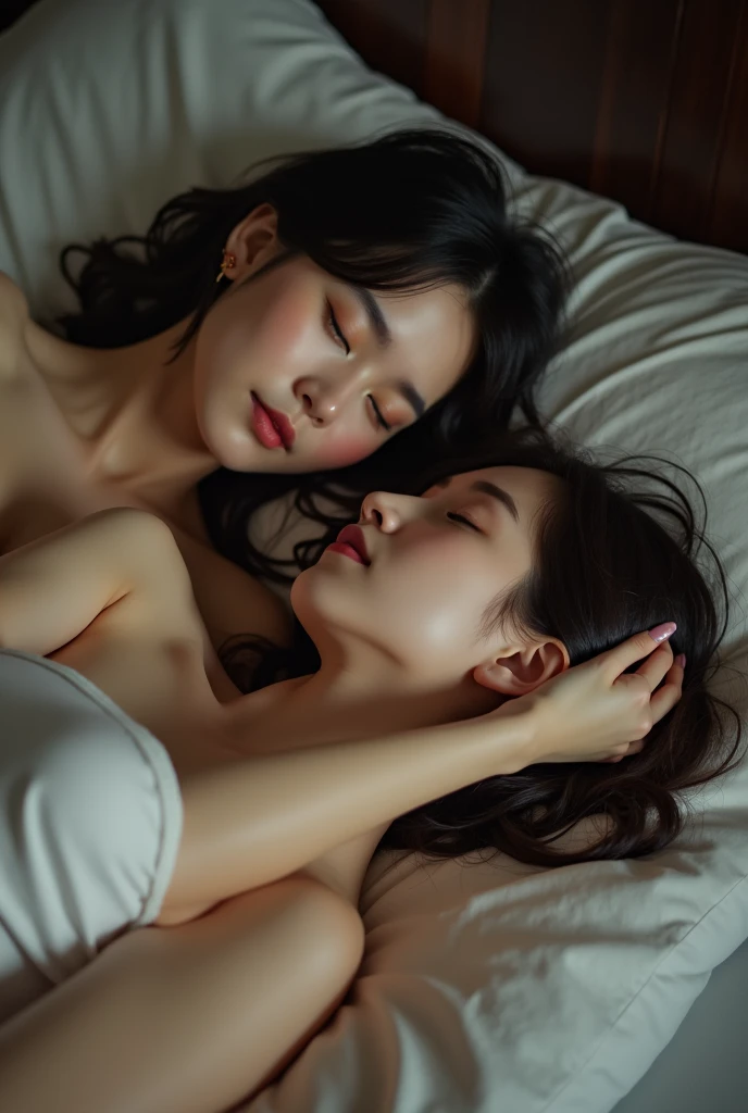 A couple of young lovers embraced in bed sleeping, despues de amarse, con la centana abierta a la luz de la noche, imagen en blanco y negro, estilo fotografico, obra maestra, hiperrealista,8k ,