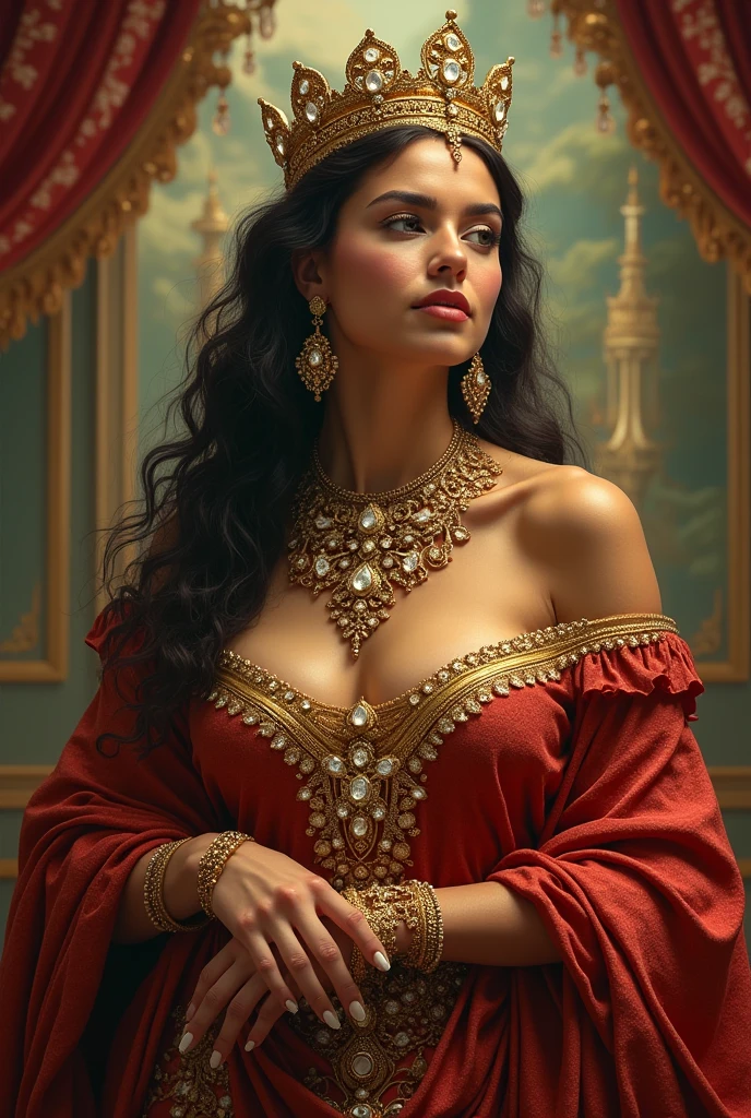 realistic photo of a beautiful 35-year-old Jewish woman, Persian queen, long, well-groomed hair, bright cyan blue eyes, fair skin and black hair with red lipstick on her large lips, wearing luxurious clothes and jewelry that reflected the fashion and opulence of the Persian court. period, cyan royal clothing with large breast cleavage, she has medium breasts, off the shoulder, cleopatra compared to contemporary Greek representations, ancient Egypt, ancient Greece, Egyptian Queen, royalty, jewelry, ancient Mediterranean civilizations, ((bright colors and cheerful)), detailed face, HDR, realistic photo, professional photo, natural skin, 8K Ultra HD, high quality, film grain, captured by Fujifilm XT3 camera