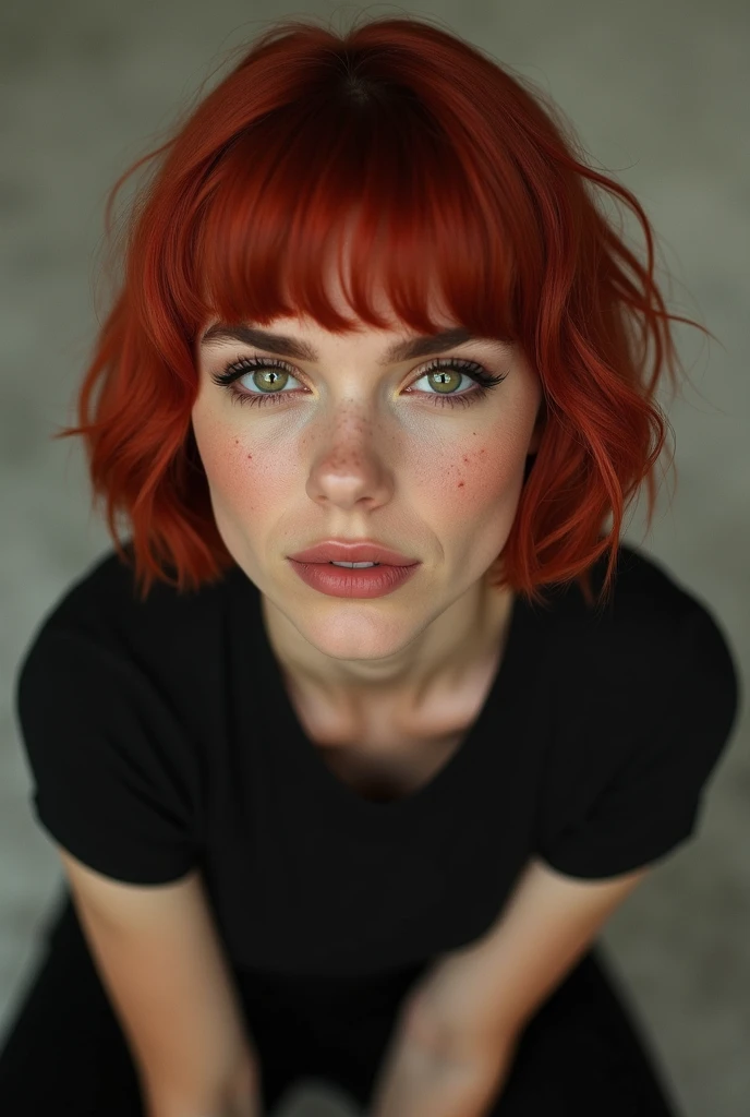 American shot of realistic woman's face of Dua Lipa woman with short red hair, bob hair, slanted eyes, green eyes, freckles on the body, black t-shirt, black pants, 4k, high resolution, high definition, HD. Realistic