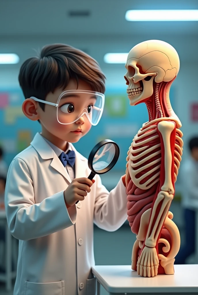 A nurse and a mirror with his reflection as a skeleton with organs (cartoon)