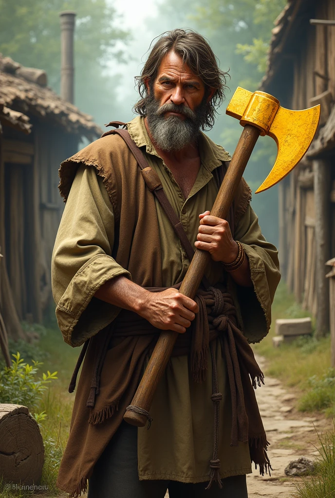 A medieval stone cutter wearing an embroidered hat and white beard, holding an axe in one hand. He is dressed in a leather apron that covers his body from his neck to his feet. inspired by Johannes Helgeson, rpg_portrait, painted portrait, rpg book portrait, portrait of an adventurer, epic rpg portrait, crisp rpg portrait, rpg character art, rpg portrait, by Johannes Helgeson, full-body rpg portrait The man has an expression on his face that suggests he may be deeply in thought or concentration while holding the square tightly. Their clothes seem to be made of different shades of brown and tan, giving it an overall rustic look. In addition to the man himself, there are several other objects present within this scene, such as a bag near his feet. All these elements come together to create an interesting composition.