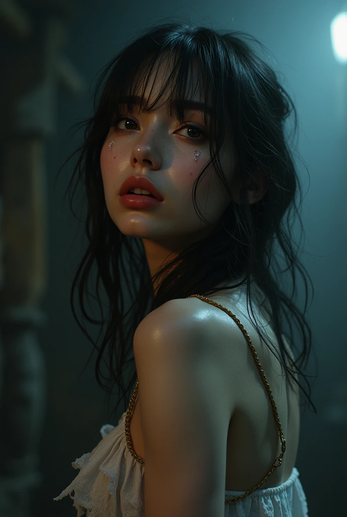 Beautiful Japanese wife, Early 30s, Dark brown hair, White lace bra, Black jacket, Close your eyes, lying on the road, Heavy rain, Wet hair, Wet face, Wet, Wet clothes，Profile