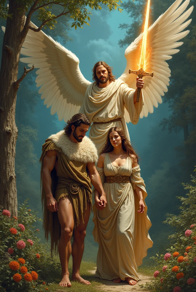 The scene depicts the expulsion of Adam and Eve from the Garden of Eden ...
