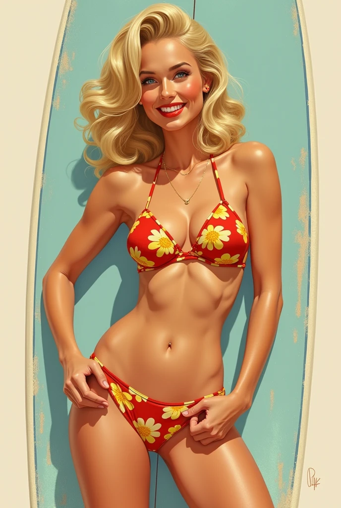 1girl, solo, long hair, breasts, looking at viewer, smile, blue eyes, blonde hair, large breasts, navel, holding, cleavage, swimsuit, bikini, cowboy shot, outdoors, sky, cloud, mole, lips, makeup, ocean, wavy hair, beach, lipstick, freckles, red bikini, curly hair, sunset, mole on breast, realistic, red lips, mole on thigh, mole on stomach, mole on body