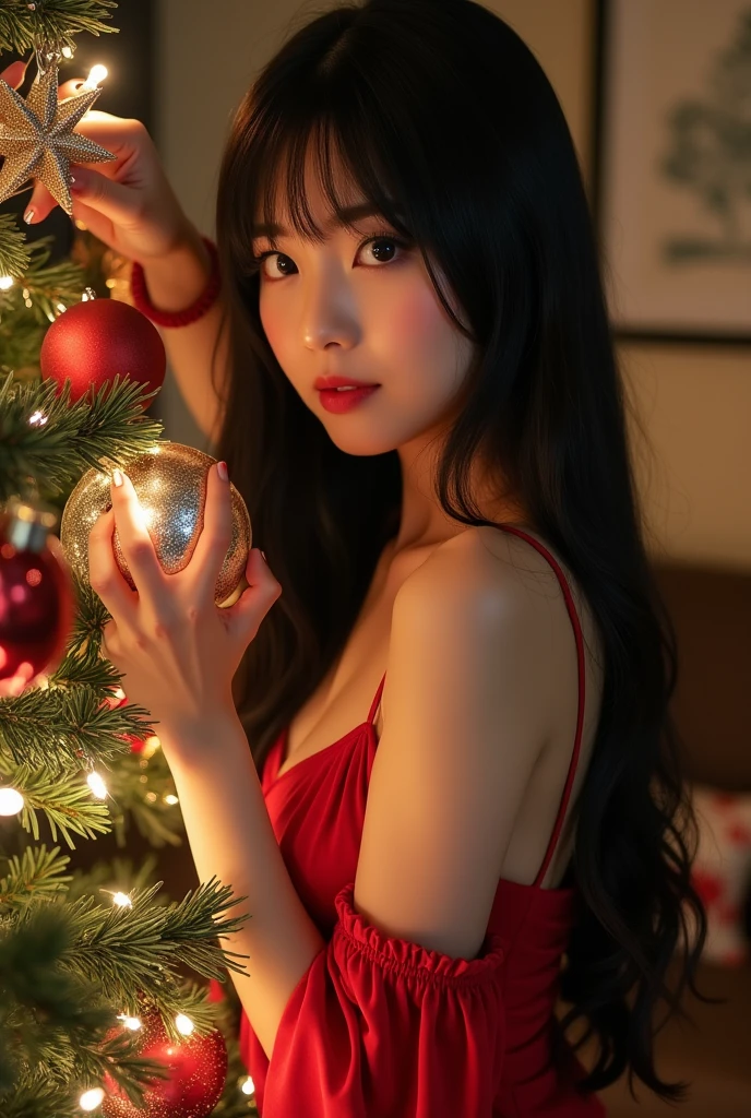 a beautiful young woman (K-Pop singer Kim Gyu-mi (Sena), age 25), wearing an airy sheer Christmas night gown (shoulders exposed, deeply plunging neckline) , nude except for night gown, her intimate areas partially exposed and very detailed, playing with a baby bunny by an old-fashioned fireplace with a roaring fire, playing with and petting a cute baby bunny while looking back at the viewer seductively she is bent over with her ass arched up to the viewer her private areas fully exposed, Christmas scene (best quality, 4k, 8k, highres, masterpiece:1.2), ultra-detailed, (realistic, photorealistic, photo-realistic:1.37), HDR, UHD, studio lighting, ultra-fine painting, sharp focus, physically-based rendering, extreme detail description, professional, vivid colors, bokeh, portrait, figurative, intimate, sensual, cozy, Christmas, warm lighting, chiaroscuro (show her entire body, show all of her)

