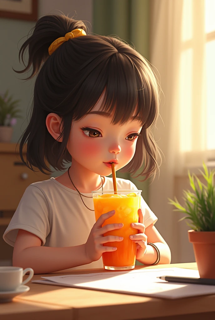 Generates a teenager drinking a beverage