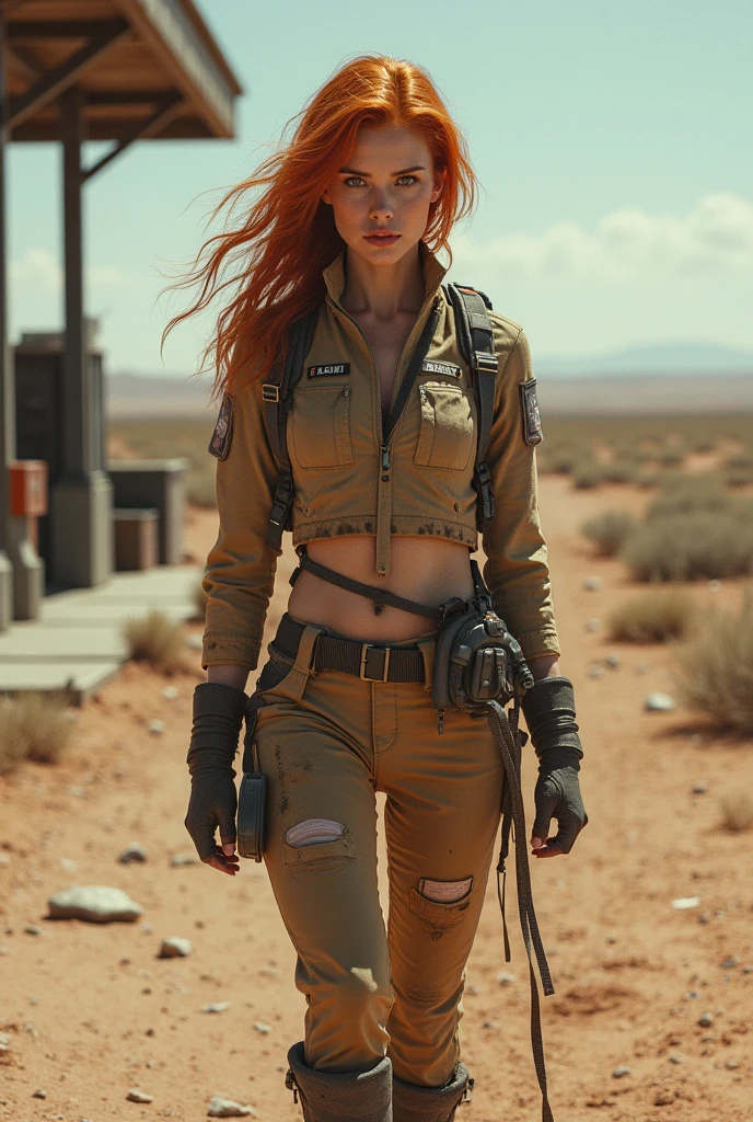 (((mulher))), (((melhor qualidade))), (((obra prima))), (((adulto))), (((1girl))), ((( corte de cabelo bob ))), A highly detailed and realistic skull girl,( Anya. Taylor Joy) cyberpunk character, mad max furiosa, one hand robot, cyborg arm, orange hair, dramatic metal heavy rock theme, best quality, 8k, hyperrealistic, photorealistic, extreme detailed painting, studio lighting, vivid colors, dark moody atmosphere, cinematic, dramatic pose, intricate mechanical details, glowing energy effects, intense gritty textures, seamless integration of organic and inorganic elements. Wearing the used clothes of a wastelander. Background: An apocalyptic wasteland. Dusty and depressing., sexy pose, walking