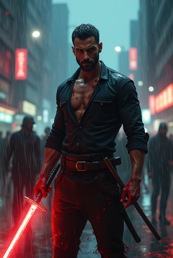 The city of cyberpunk，Chinese male full body front，Background text is clear，No background blur allowed.，High background brightness，Hold a long knife in your hand，Hands covered in blood，in a panoramic view，
