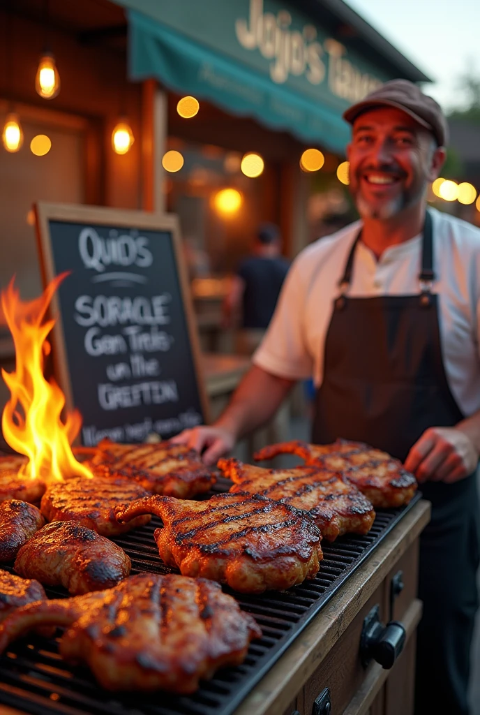 Selling pork chops and chicken wings on a black board. Background must be a braai fire next to Jojos tarven