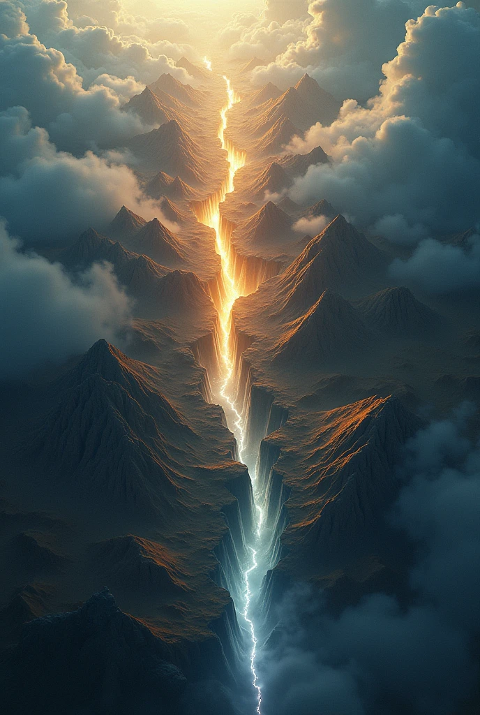 An aerial view of a fragmented world , divided into floating pieces or territories separated by glowing abysses and fissures. Each fragment must have distinct characteristics , such as desert landscapes, dense forests , icy mountains and ancient ruins . The setting must convey an epic and mysterious tone , with brilliant lights and magical effects radiating from the fissures . The atmosphere is bleak , with clouds in dark blue and gold tones , illuminated by a faint ethereal glow . The design must emphasize the division of the world and its potential for unity .