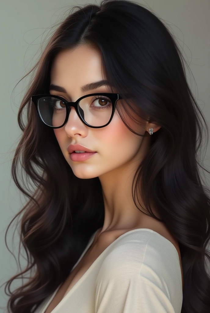 Black hair, glasses, stud earrings, vintage, feminine, 8k, masterpiece, best quality, excellent detail) , (high saturation, best shadows, best light, extremely delicate bleaching) dark style