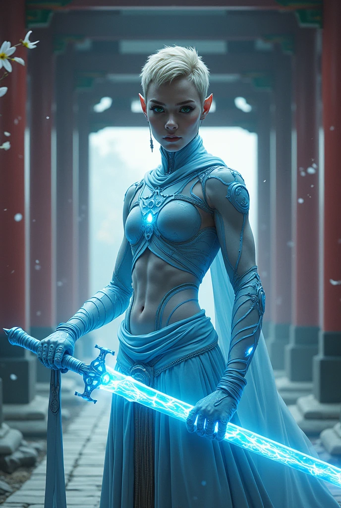 Male light elf, pale white skin, short blonde hair, fit, glowing green ...