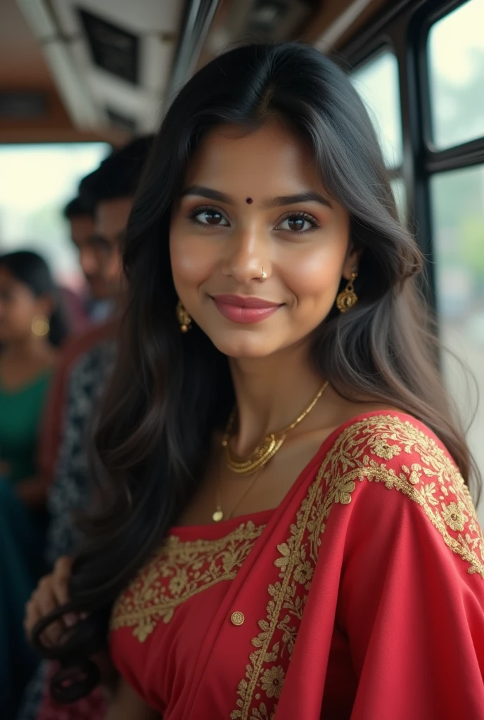 24 years most beautiful women were Indian traditional sari and sitting in luxury car passing a smile 