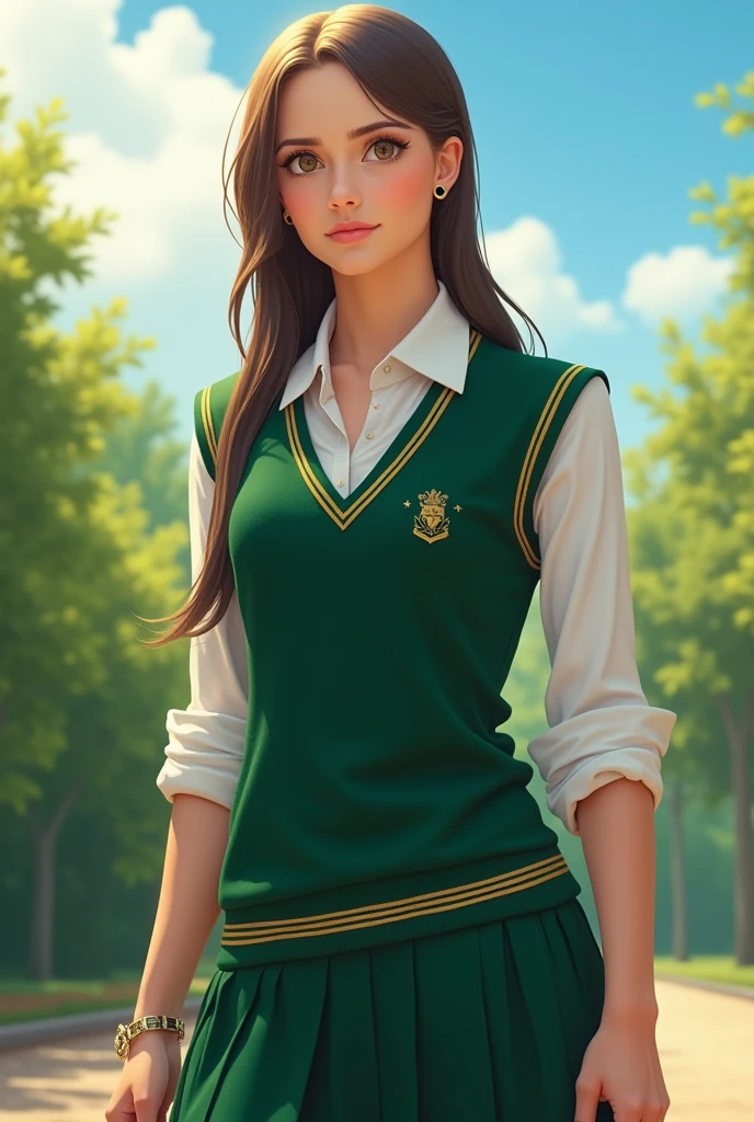 School uniform with green colors, blue and gold in warm weather - SeaArt AI