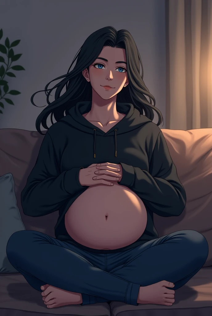 Boy with dreadlocked hair and red eyes, sitting on a couch while watching TV with a  pregnant belly