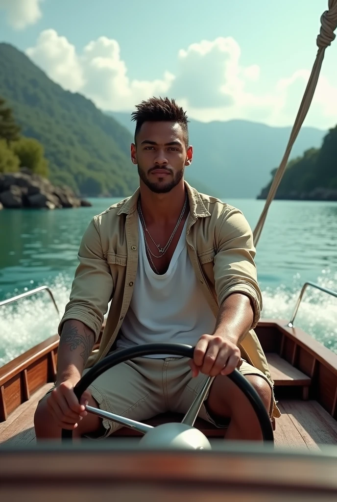 masterpiece, extremely high details, (best quality:1.2), absurdres, photorealistic, realistic, hyper-detailed, ray-tracing, high resolution, sharp focus, 8k, vibrant, intricate, sharpness and clarity, lifelike, hyper_realism, photography, luxury sail boat, boat helm and mast, on board, 1boy, ((muscular, plump pecs:1.3)), full body, depict a topless model photography of korean handsome boy, 25 years old, in front of helm of luxury boat, top naked, spread legs, sea gulls, island, wave, beautiful sunset, wine, ((white swimwear))