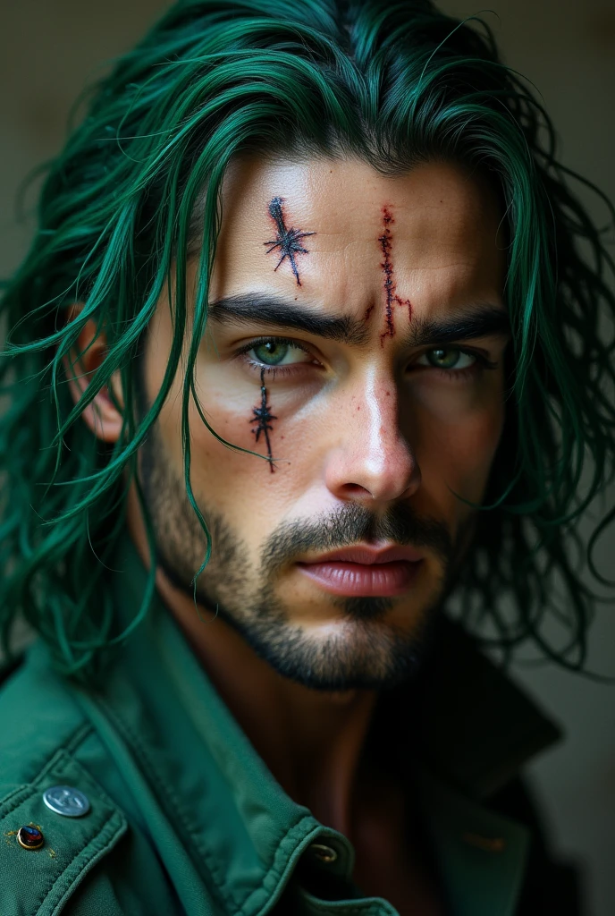 Long haired boy with green locks holding a long gun 