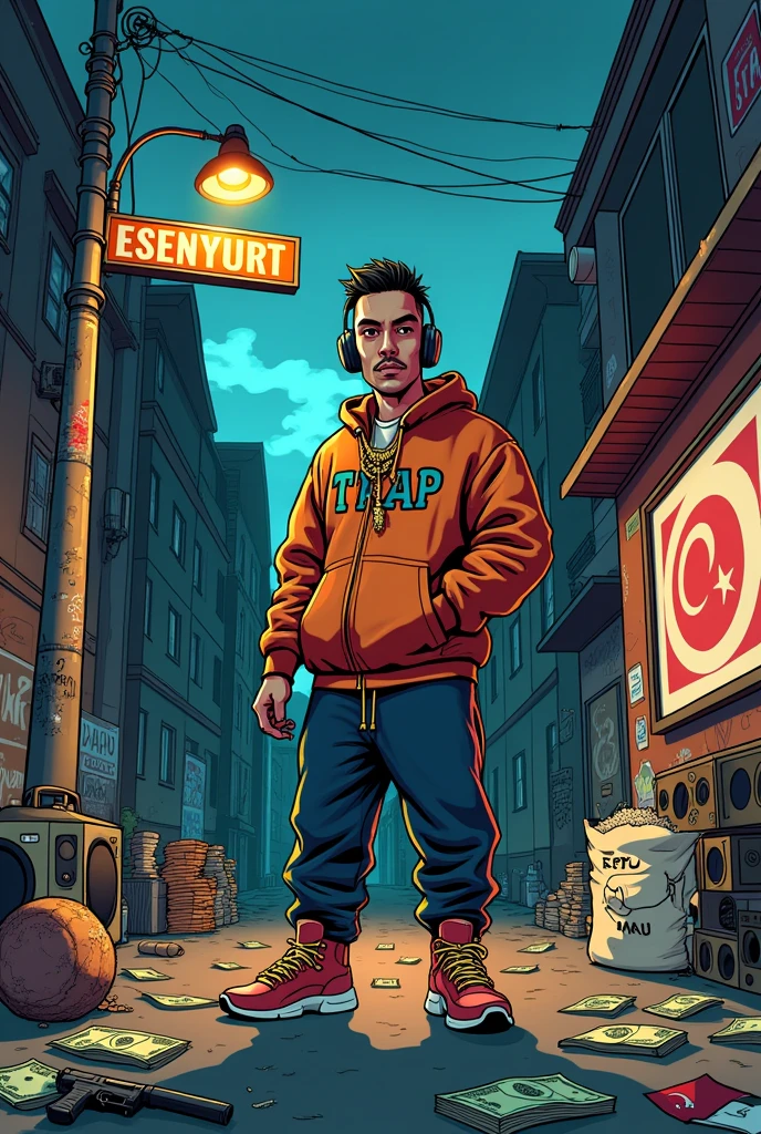 Create a 2D vector art album cover in the style of Matt Groening ...