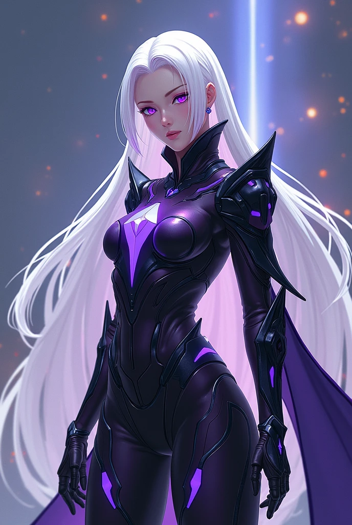((Best Quality)), ((Masterpiece)), ((Realistic)) slender, cute girl with medium-length white hair and vibrant purple eyes. She wears a tight-fitting, sleek suit with high-tech boots and chestplates. The outfit includes matching vambraces, all in a futuristic, high-tech design. She wields a high-tech sword, adorned with glowing lights along the blade and hilt. The girl's expression is calm and focused, complementing her stylish, advanced gear.