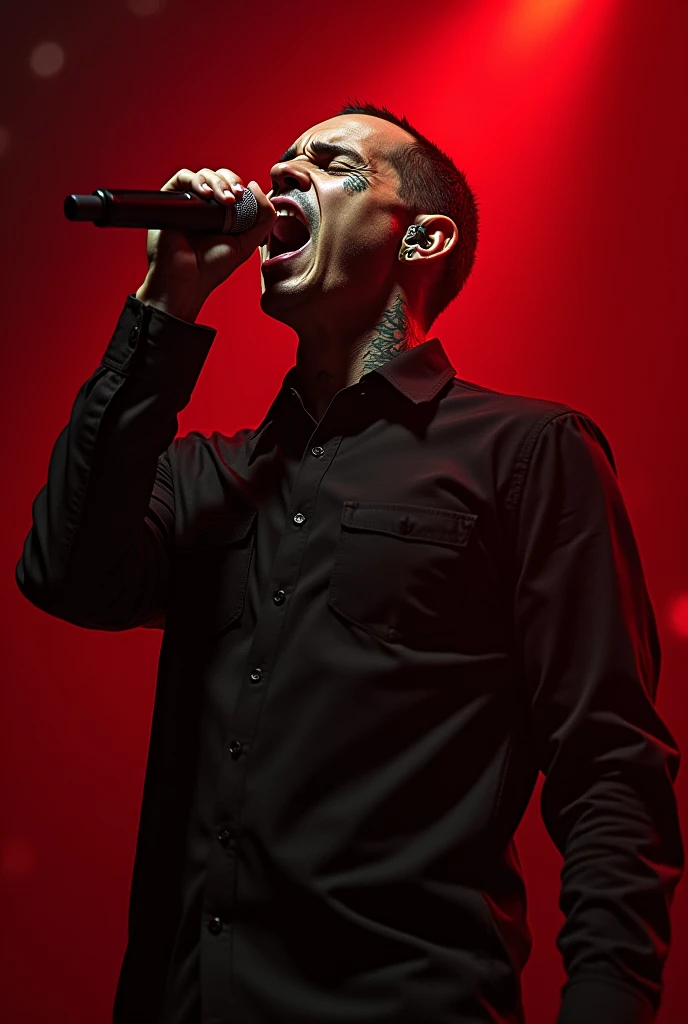 Chester Bennington singing looks down red background