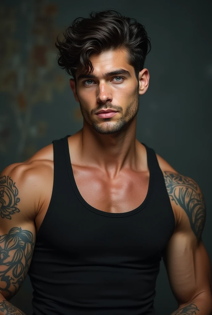 He is a tall man, blond, green eyes, medium short hair , her hair color is black, pretty nose, nice goatee, pretty lips, half sucked, He has a tattoo of the phoenix on his chest. He is 29 years old and is of American nationality.