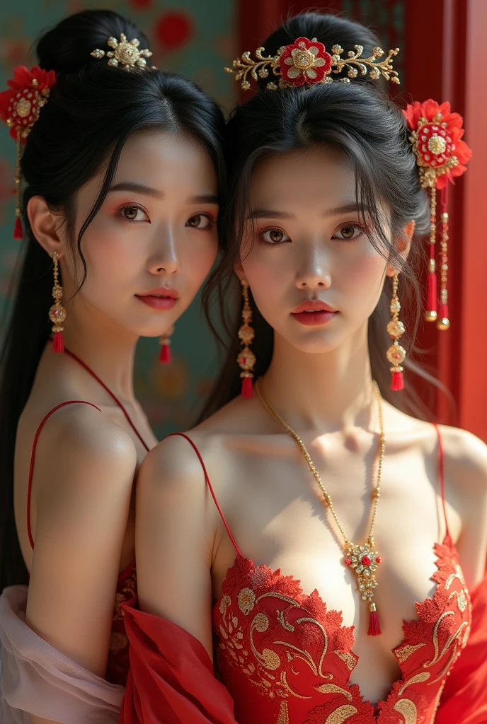 (((Two Chinese beauties)))、((Standing side by side))、21 years old、(Very heavy makeup:1.2)、(Slanted Eyes:1.3)、(long narrow eyes:1.3)、Shiny Hair、Glowing Skin、Very white skin、Jet Black Hair、Straight long hairstyle、Big eyes、Double eyelids、Luxury Chinese palace、(Standing in the palace corridor)、(Golden luxurious hair ornament)、(Patterned costume of a Chinese queen)、Luxurious and gorgeous、(huge breast:1.3)、(Exposed Skin:1.4)、(Smile with your mouth closed)、((The beautiful woman on the right is wearing a bright red outfit))、(((The beauty on the left is wearing a royal blue outfit.)))、(((Bust-up angle)))