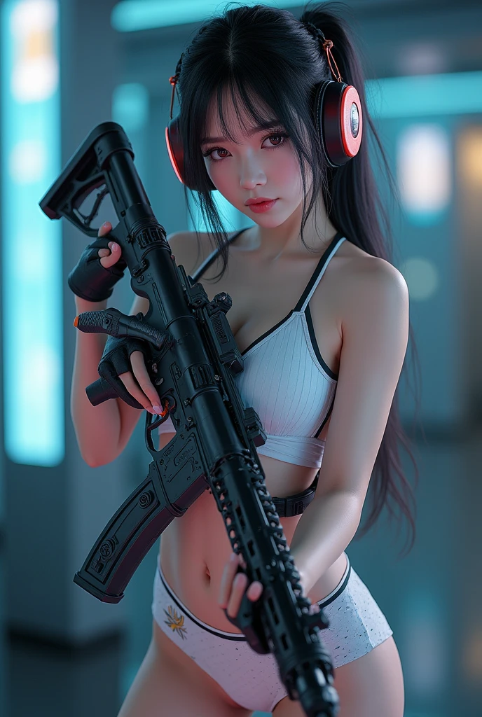 (8k, RAW photo, best quality, masterpiece:1.2), (realistic, super-realistic:1.4), (extremely detailed CG unity 8k wallpaper), a young woman, long brown haired, Douyin, Ulzzang, lying silkworm, pink lips, eyebrows, blush, eyelashes, hold pistol, wearing black headset, minimalist background, perfect body, full body, black crop top, jeans pants, bracelet, rings, (smooth hair: 1.4), (perfect fingers), sexy poses, Fairy Skin,
