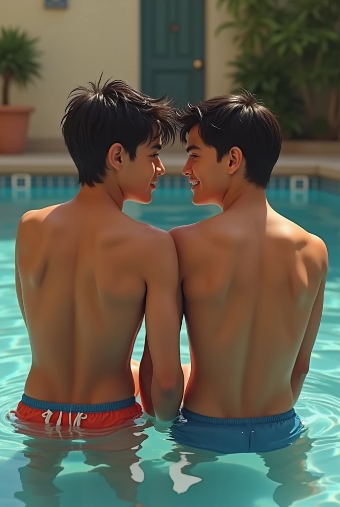 Highest quality portrait of two young guys on the beach knee-deep in water. Two young attractive boys swimming in the sea, completely underwere with beautiful strings, beautiful green beach with palm trees and flowers, beautiful , smiling , Friends . Photo portrait of the highest quality !