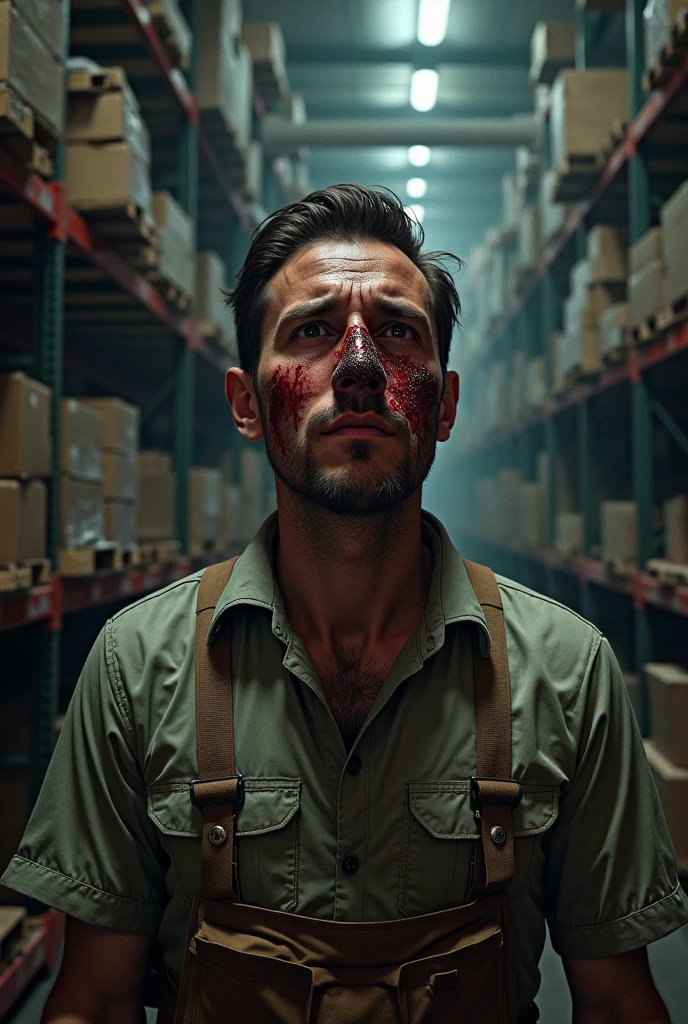 A wounded thug leans against a cargo container, blood dripping from his forehead, as a menacing shadow of a monstrous creature looms over him. The dim lighting highlights the desperation and fear in the thug's eyes, while the monstrous shadow adds an element of horror and suspense. The cargo container serves as a backdrop, adding an industrial and gritty atmosphere to the scene. The composition and lighting create a chilling and intense visual, leaving viewers intrigued and on the edge of their seats. --auto --s2