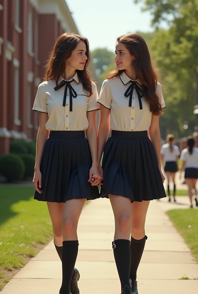 Realistic image of Emma Watson and Bonnie Wright, wearing short skirt uniforms, tucked away in the library, hugging and kissing passionately.
