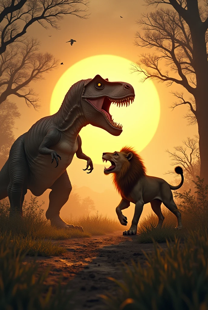 Two-headed Tyrannosaurus rex hunting a boar with golden fur